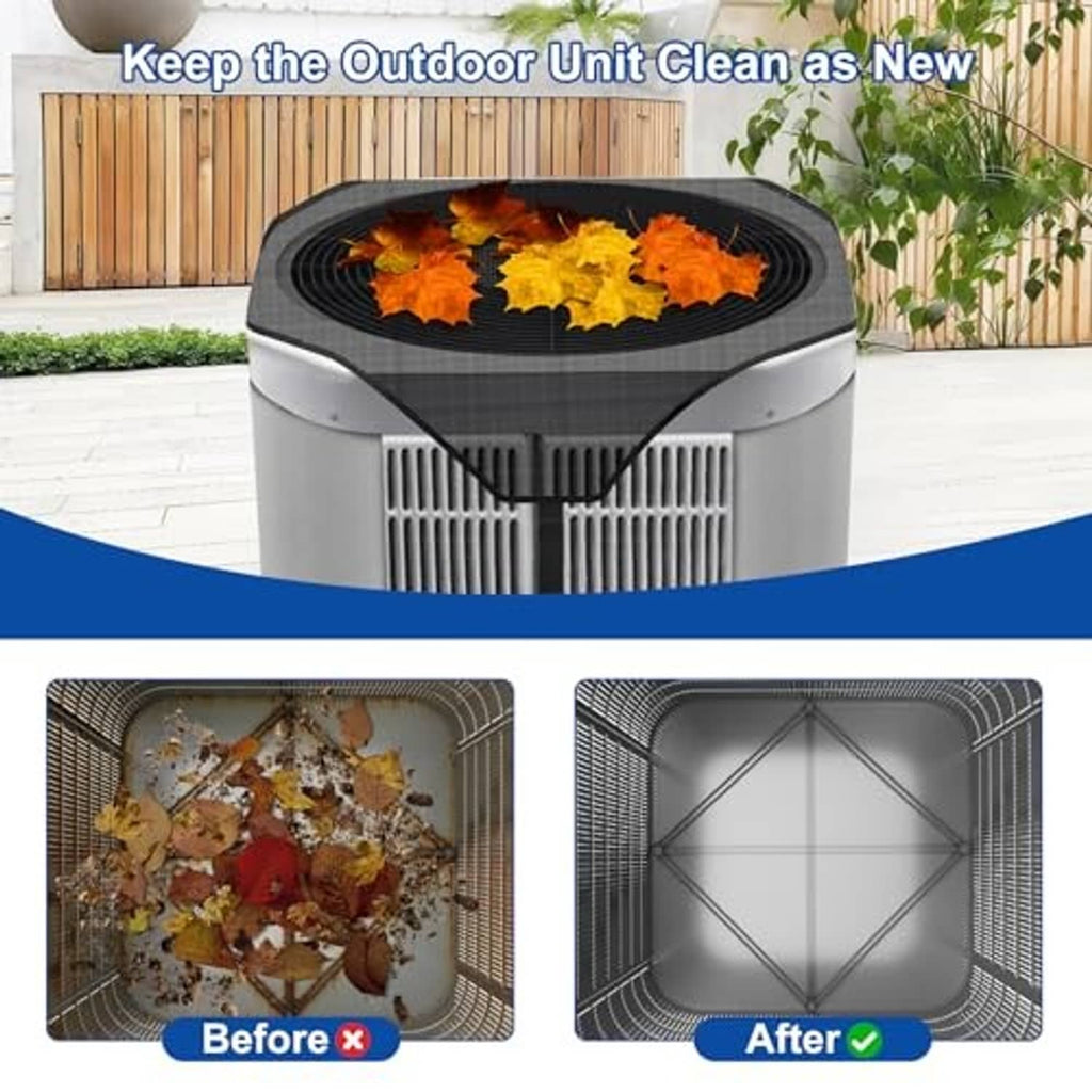 Black mesh AC cover for outdoor unit with top vent opening to help stay clean