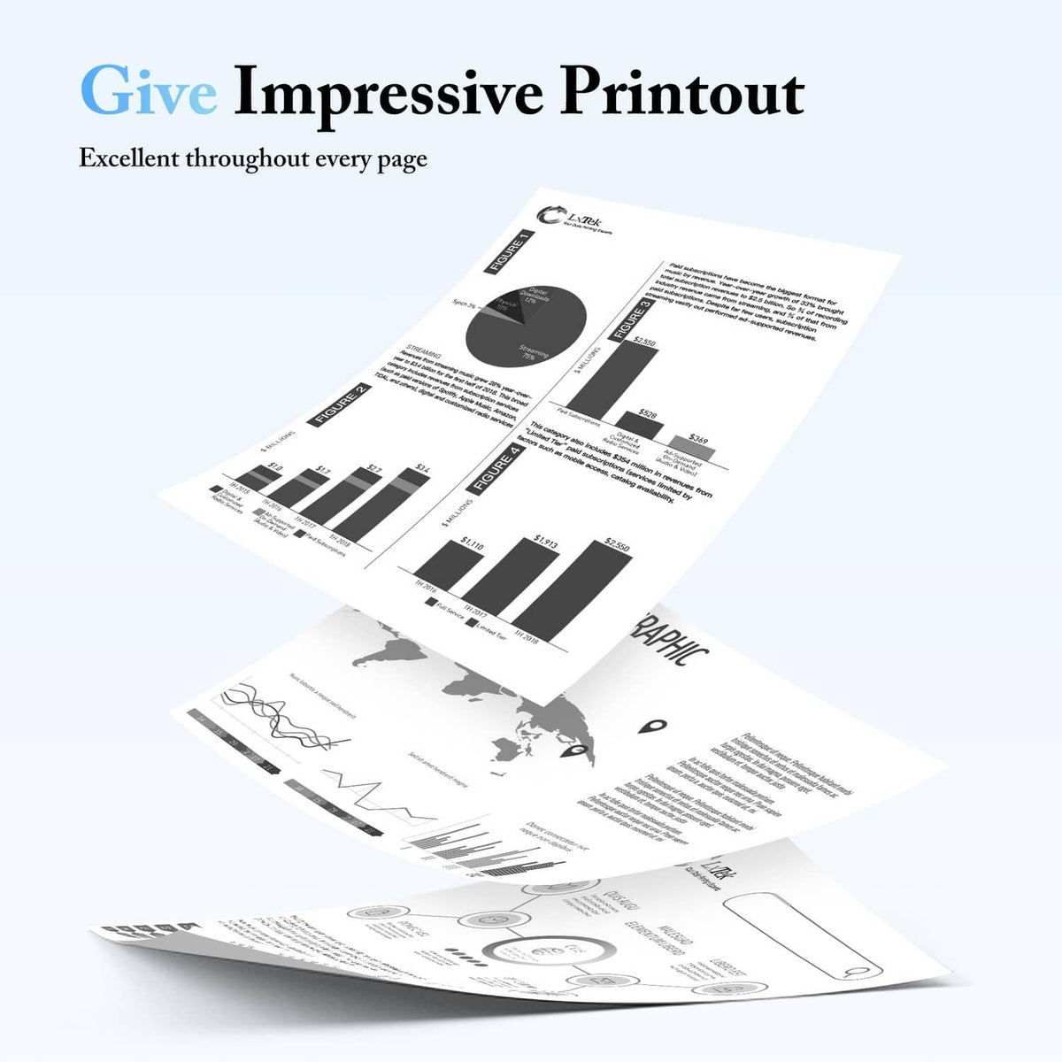Black toner cartridges producing clear printouts on paper pages