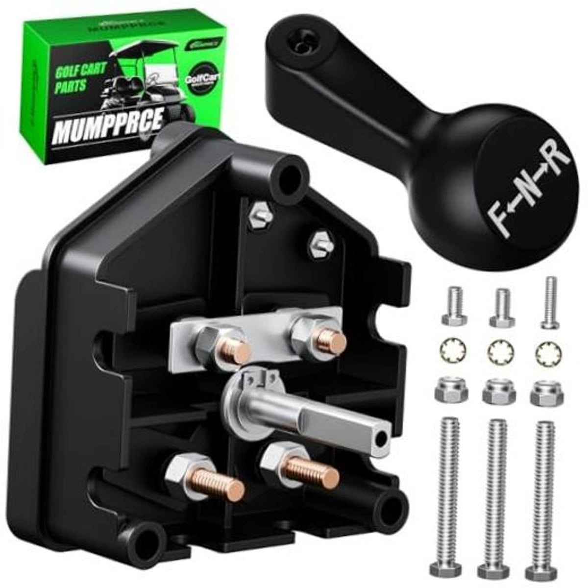 Forward-reverse switch assembly with black handle, copper terminals, and mounting screws.