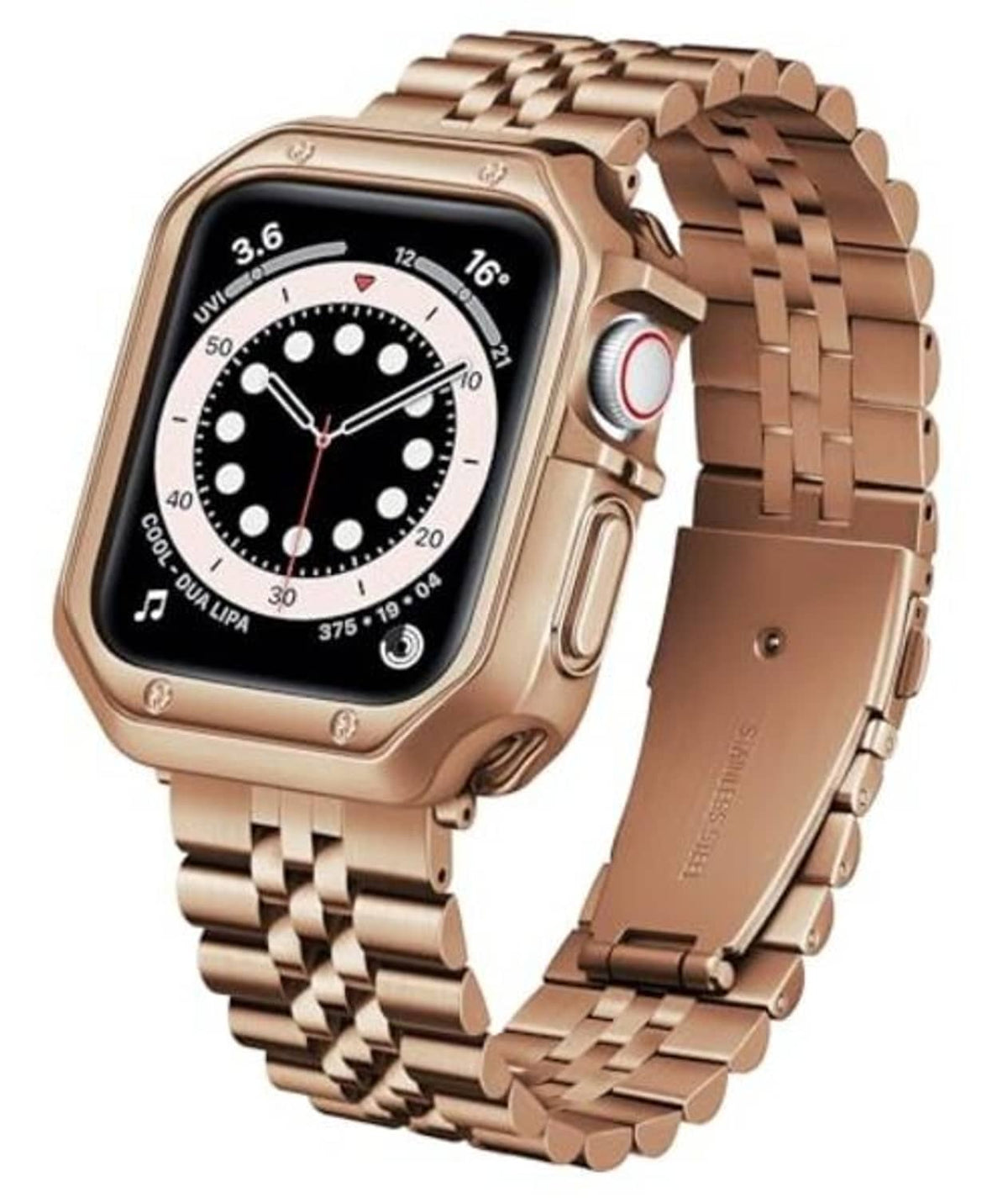 Rose gold metal link Apple Watch band with watch face, front view