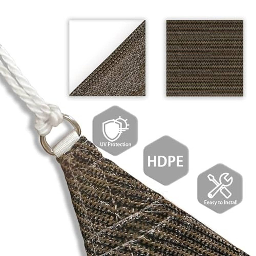 Triangle shade sail fabric detail with rope, UV protection and HDPE feature icons