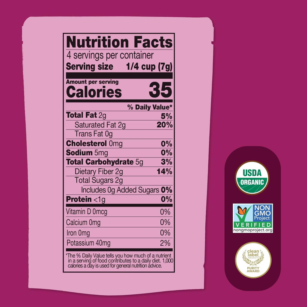 Nutrition Facts panel for organic coconut melts, 35 calories per serving