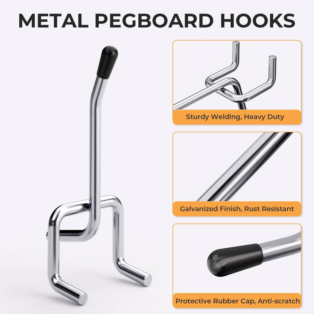 Set of metal pegboard hooks with black rubber caps and chrome finish