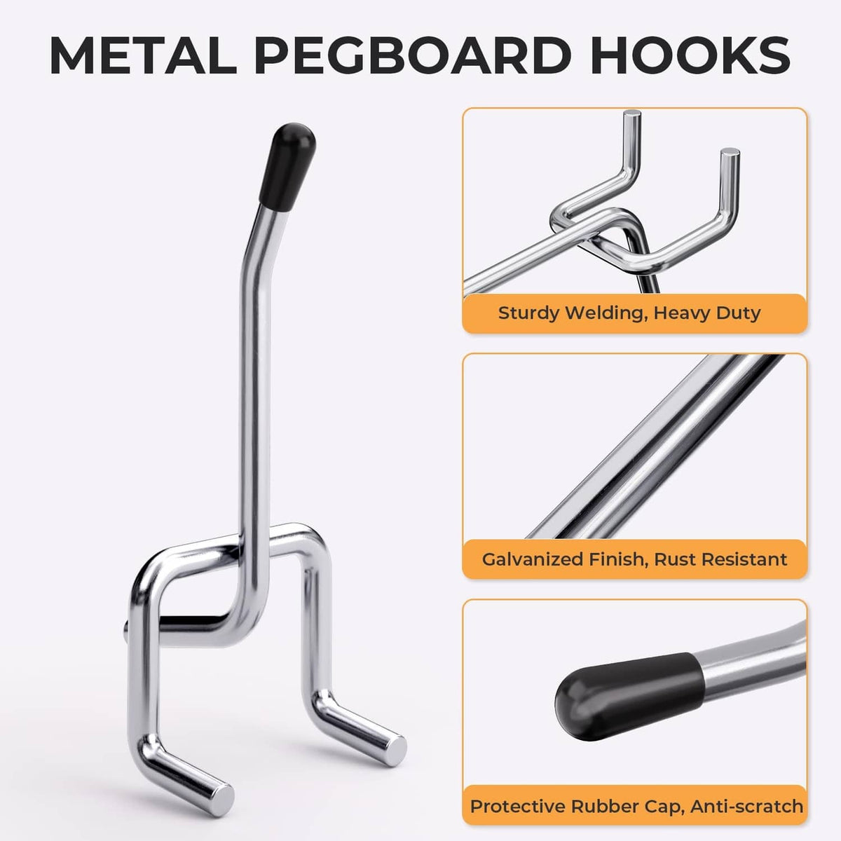Set of metal pegboard hooks with black rubber caps and chrome finish