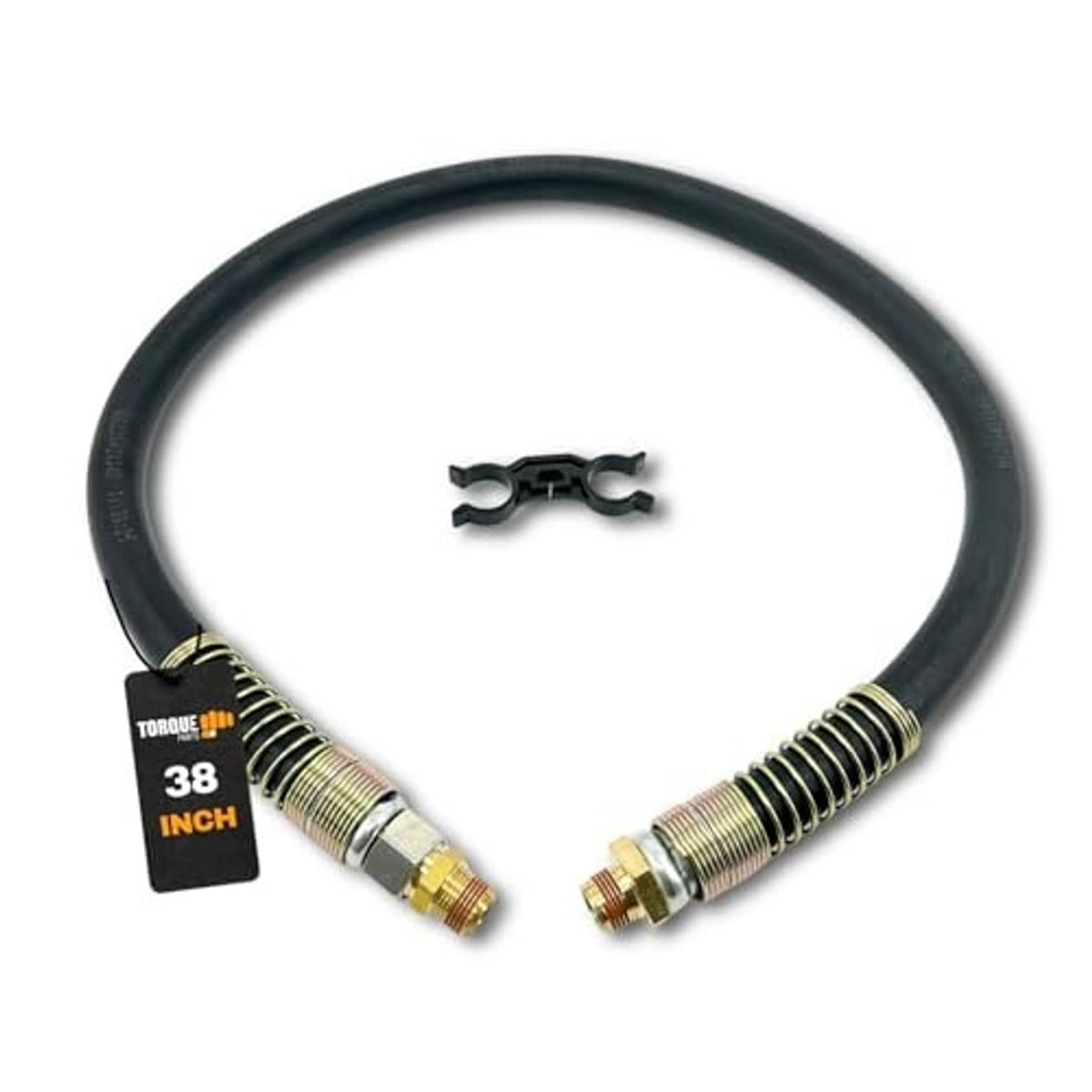 38-inch black rubber air brake hose line with threaded brass swivel connectors