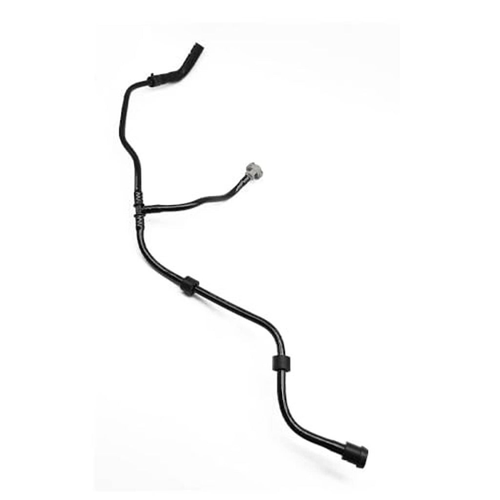 Radiator coolant reservoir hose with multiple bends and black rubber couplers