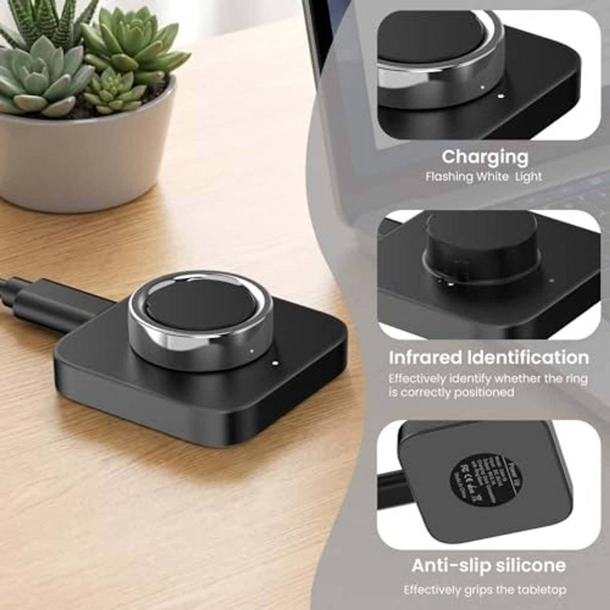 Oura Ring Gen 4 charging dock with anti-slip silicone base and connected cable