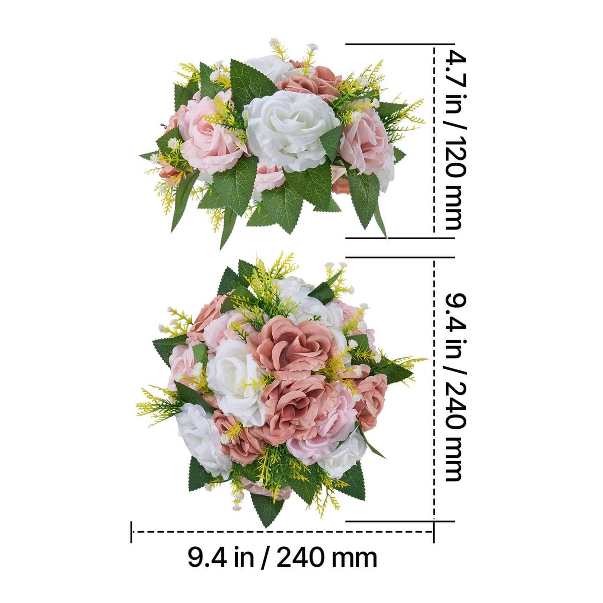 Uimoso pink and white artificial floral balls, 9.4 in size shown with measurements