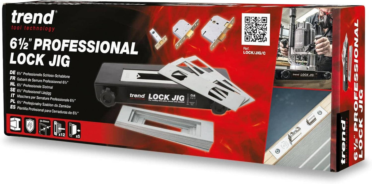 Professional lock jig product box in red with included template and accessories shown