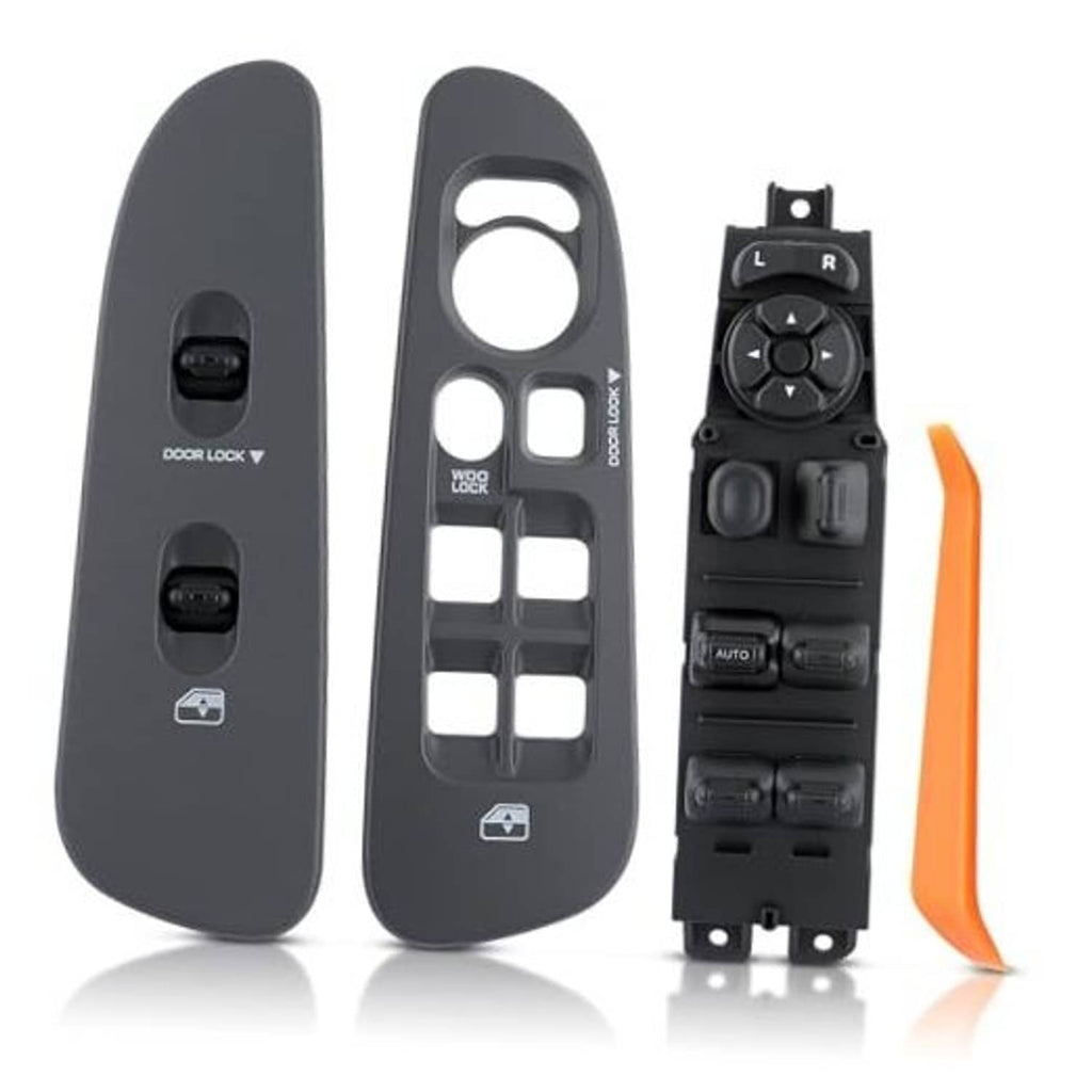 Grey power window switch bezel with rocker buttons and door lock controls