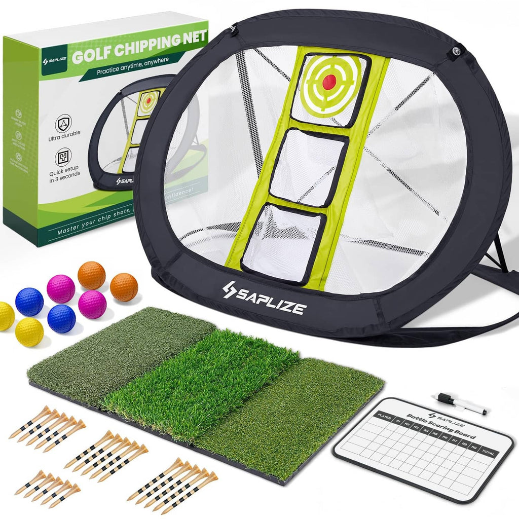 SAPLIZE round golf chipping net with neon target panel and practice turf mat
