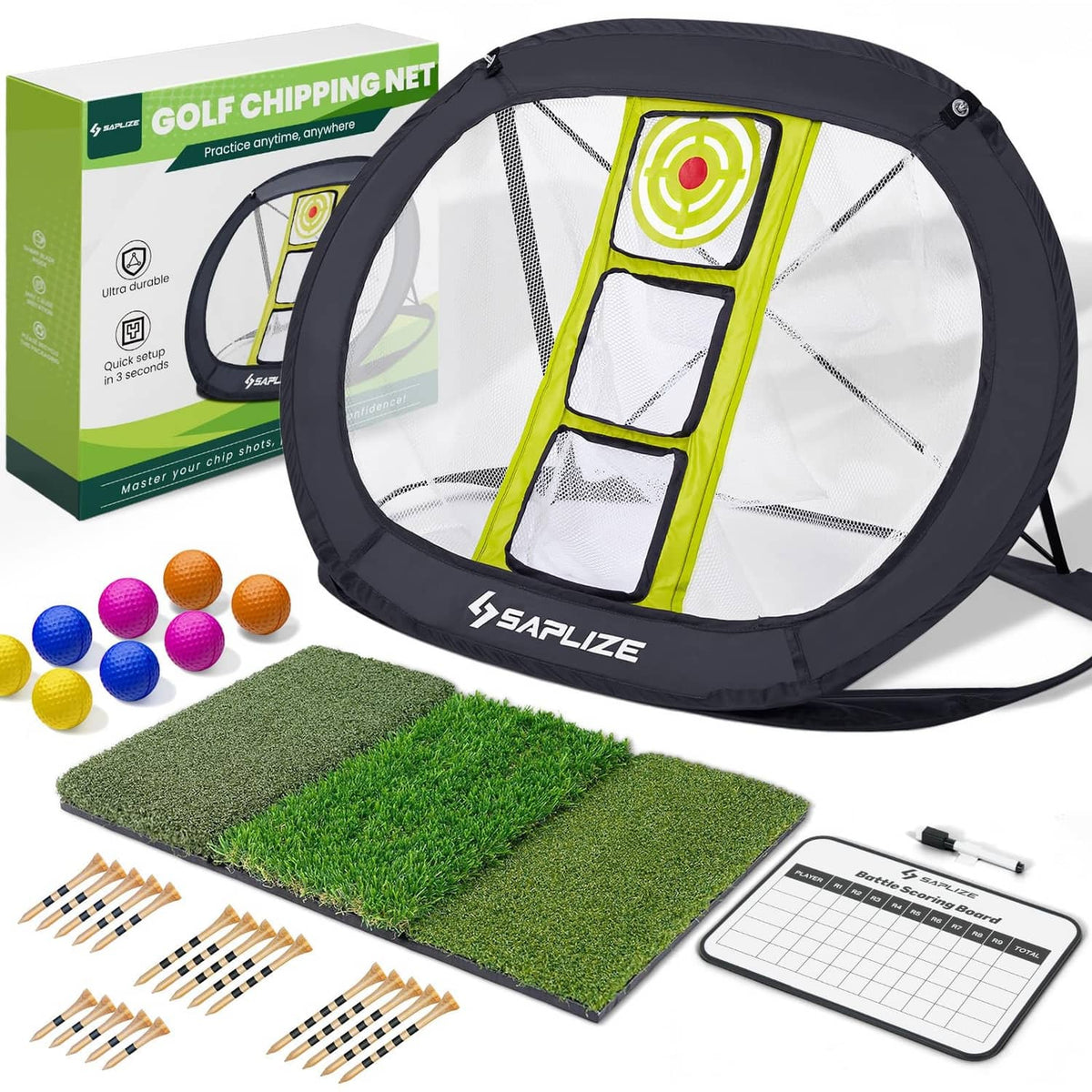 SAPLIZE round golf chipping net with neon target panel and practice turf mat