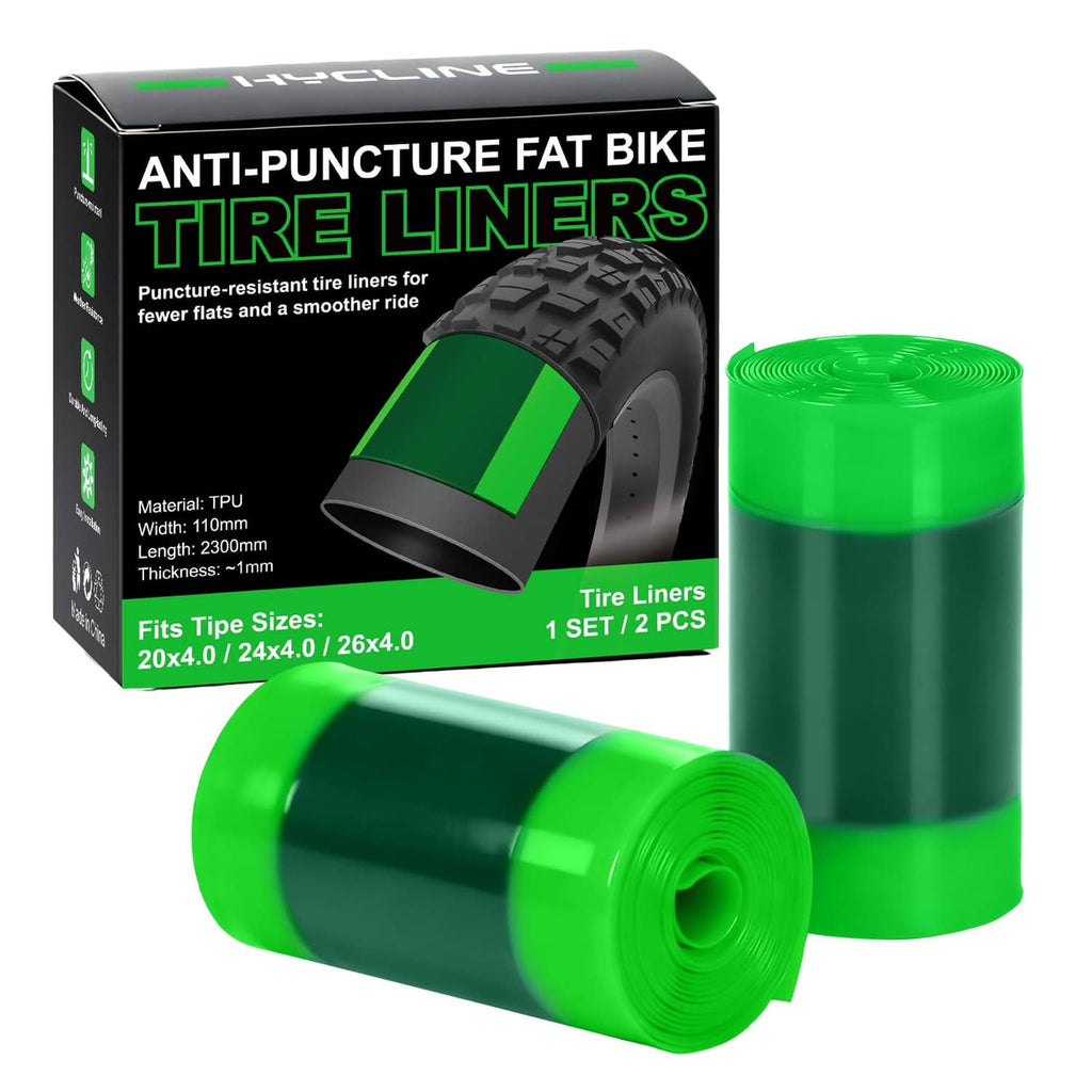 Green TPU fat bike tire liners, 2-pack rolled with included packaging.