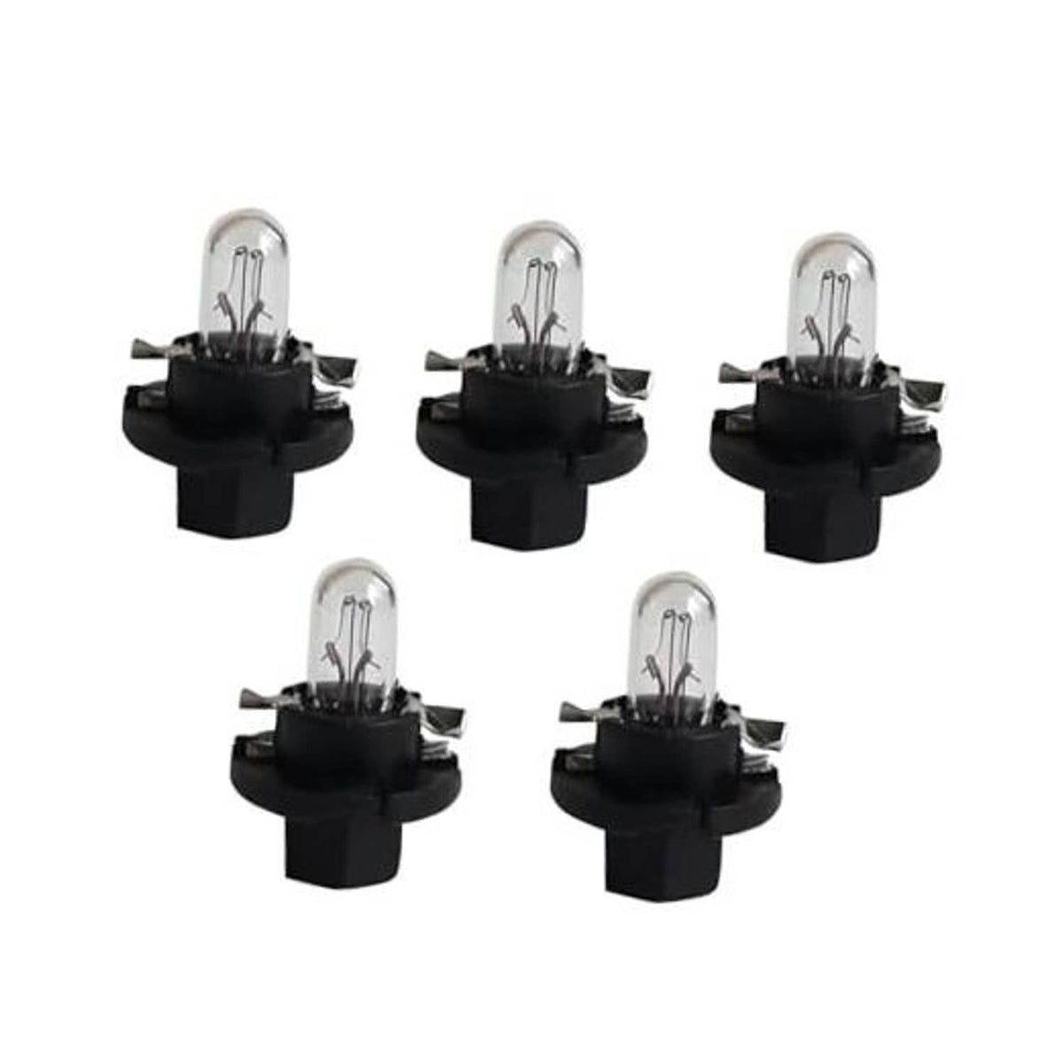 Set of five T5 car dashboard light bulbs with clear glass and black plastic base