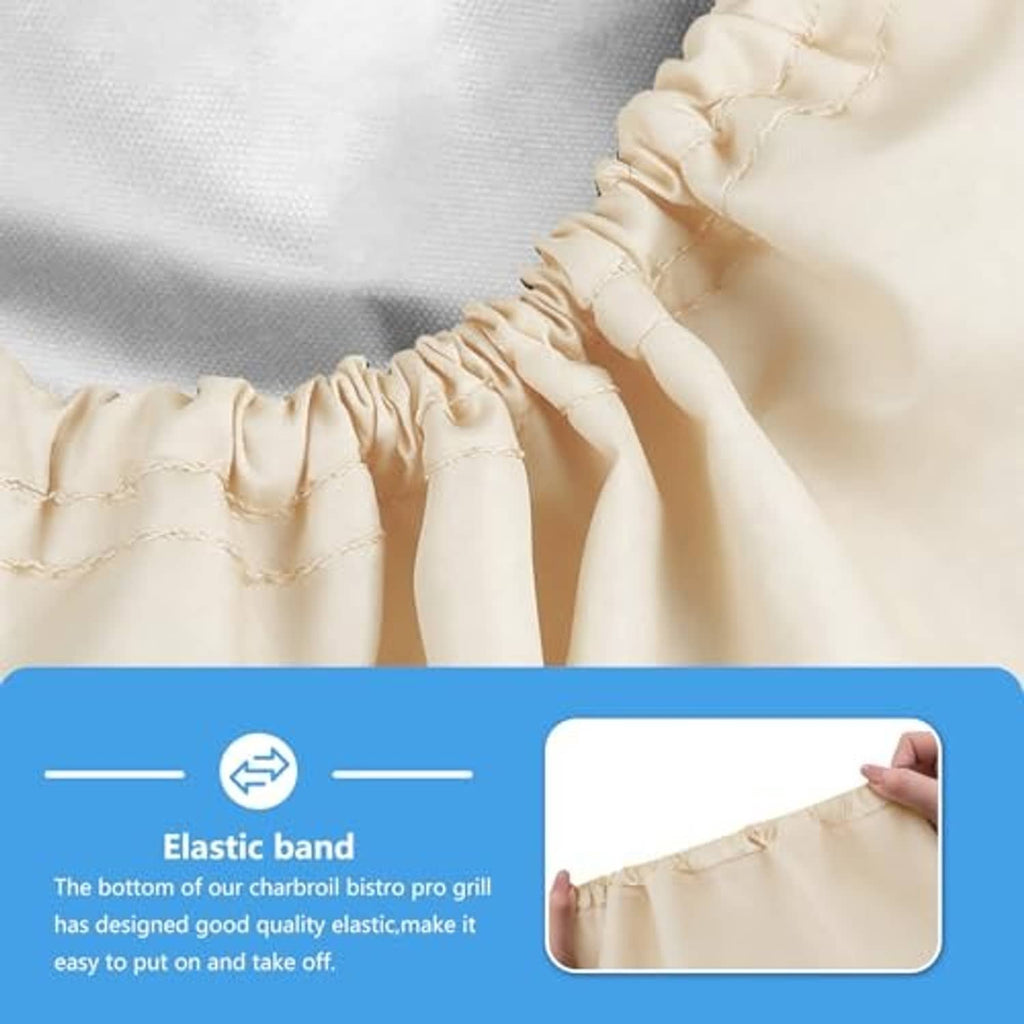 Beige umbrella base cover close-up of elastic hem with stitched gathers