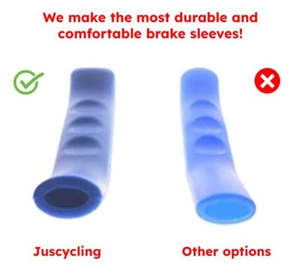 Blue silicone brake lever sleeve with ridged anti-slip surface.