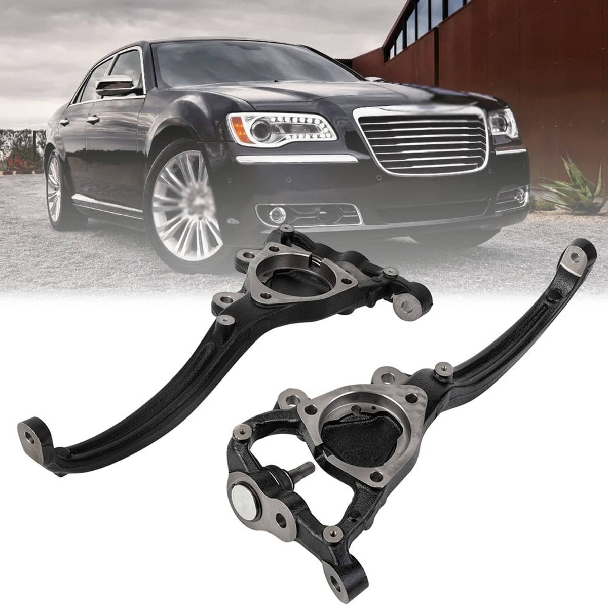 Front steering knuckle pair with black control arms and mounting hardware, angled view