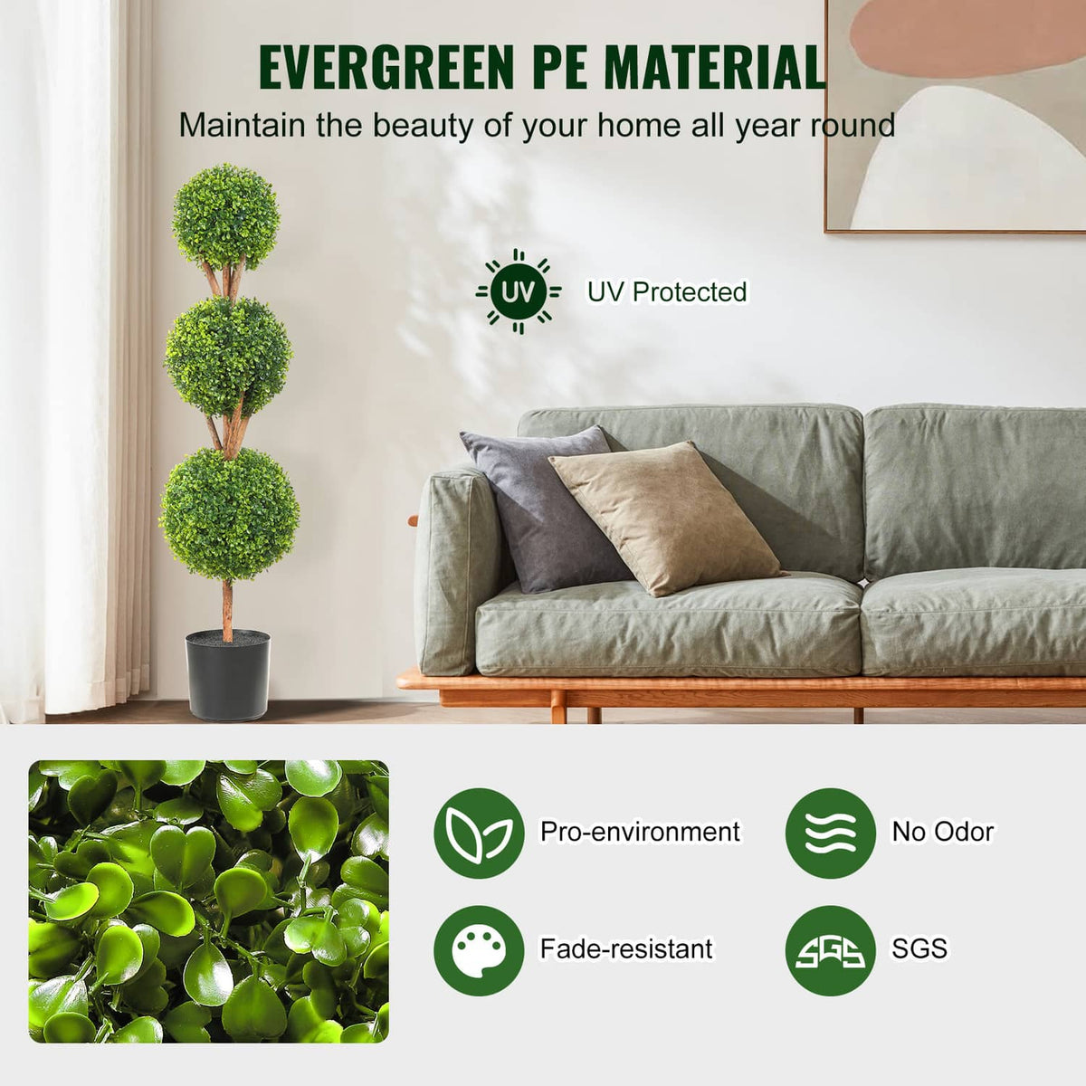Artificial evergreen topiary tree with stacked round green foliage and black pot