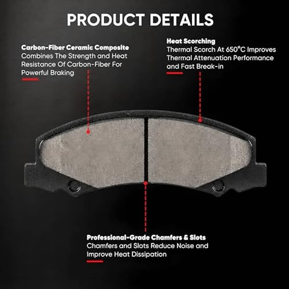 Pair of gray ceramic brake pads with chamfered edges and center slots