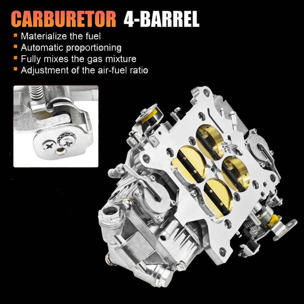 4-barrel race carburetor showing four gold channels and linkage hardware