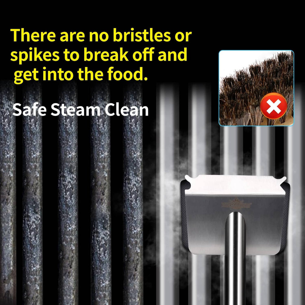 Steam grill brush with black bristle-free pad head and stainless-steel style handle