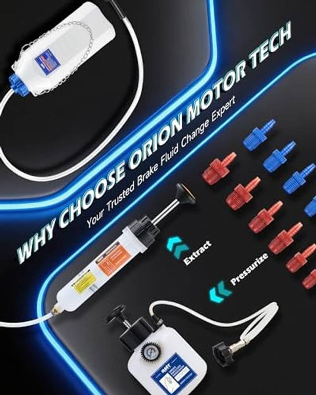 Brake bleeder kit components with white bottle, hose, extractor, and assorted colored fittings