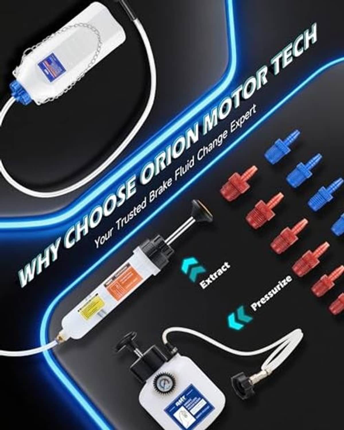 Brake bleeder kit components with white bottle, hose, extractor, and assorted colored fittings