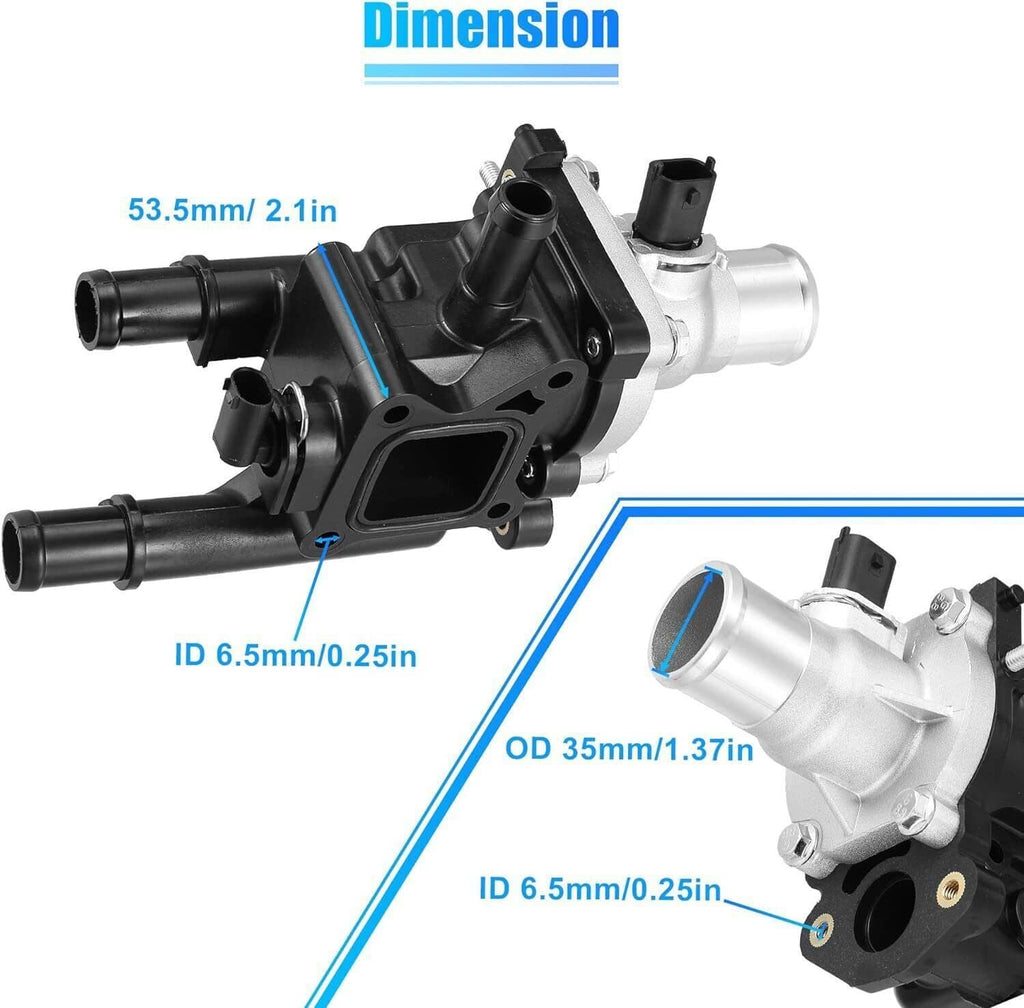 Thermostat water outlet assembly with black housing and silver coolant outlet pipe