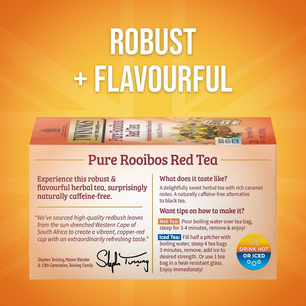 Twinings Pure Rooibos Red Tea box, robust flavor claim and naturally caffeine-free