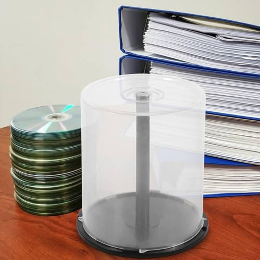 Clear CD/DVD spindle case holding stacked discs, with central hub and dark base ring