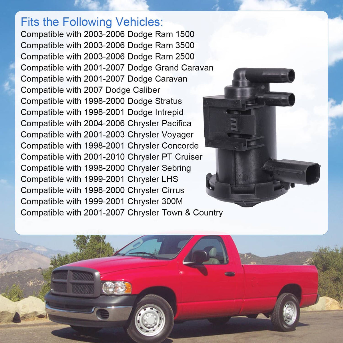 Black vapor canister purge solenoid valve with angled hose ports and electrical connector