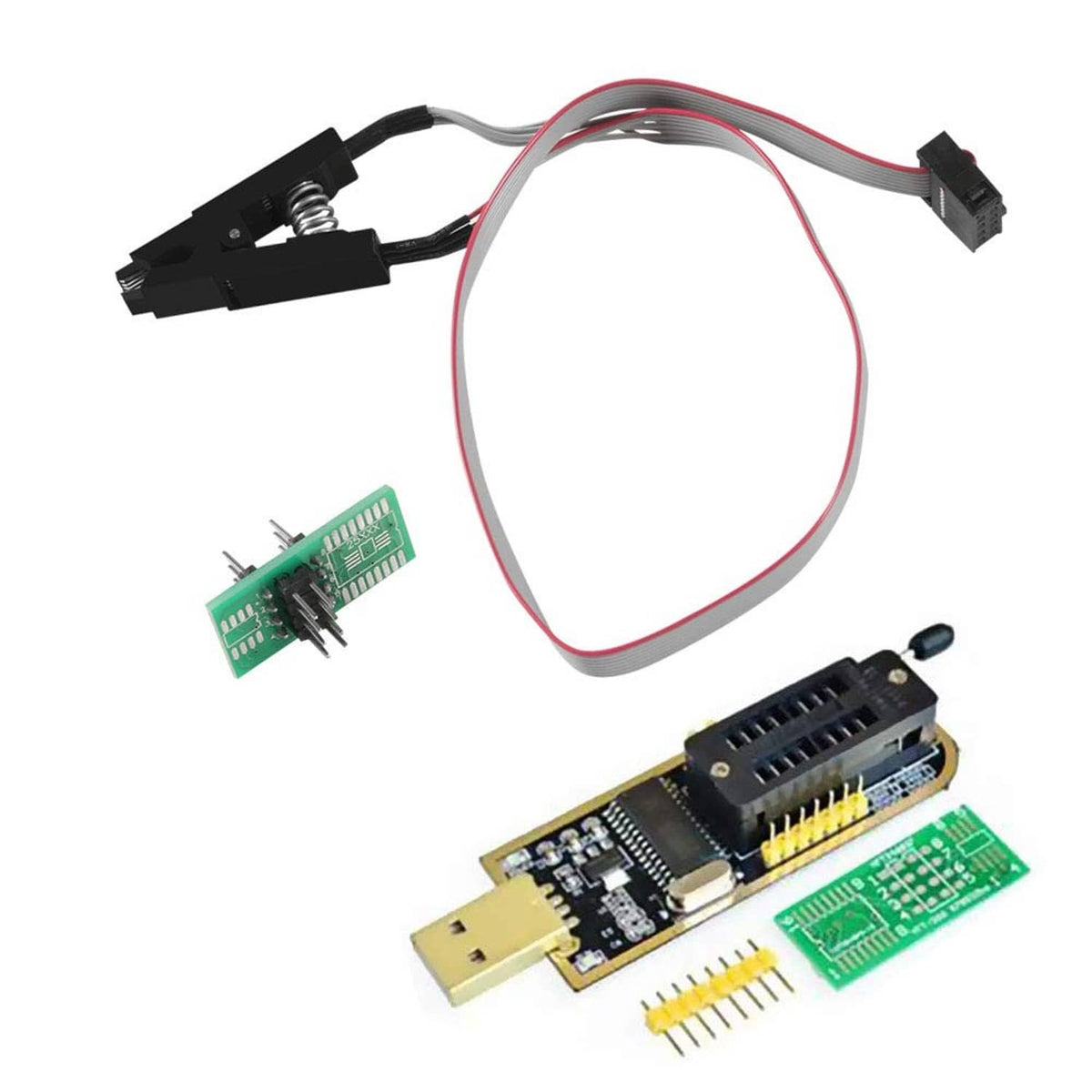 Flash chip test clip adapter with USB edge connector, ribbon leads, and green PCBs