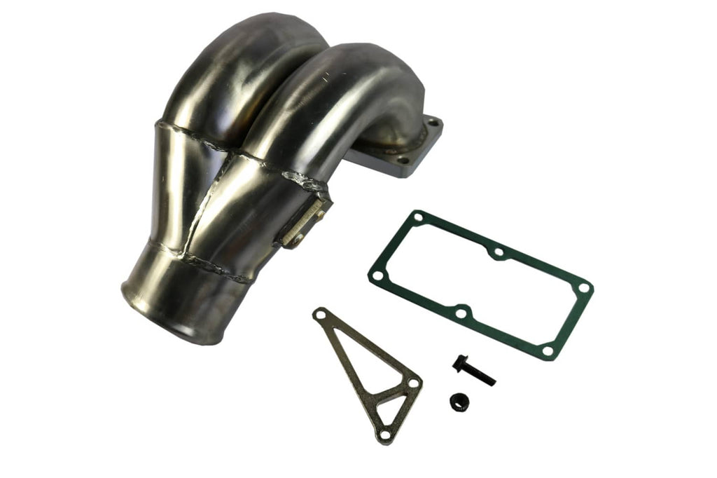 Stainless steel intake manifold with curved tubes, gasket, and mounting bolts