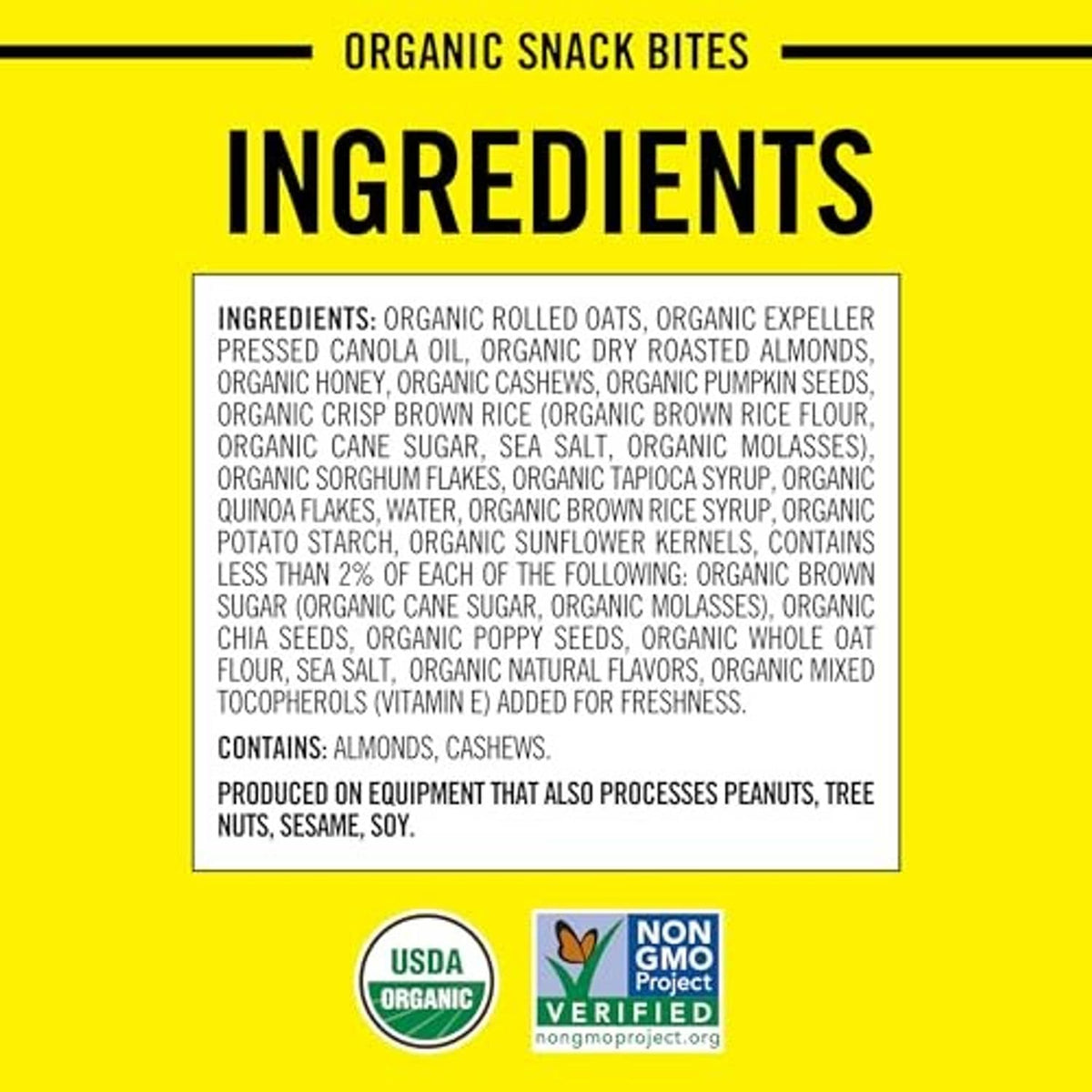 Ingredients list for organic rolled oats honey nut snack bites, USDA Organic & Non-GMO