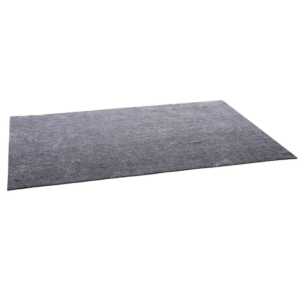 Gray plush indoor area rug, rectangular, low-pile textured surface
