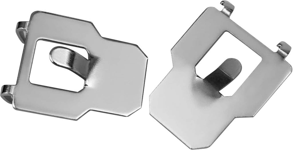Close-up pair of silver metal claw drywall picture hangers with locking teeth