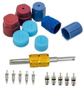 AC valve core kit with colored caps and brass valve-core removal tool, 19 pieces