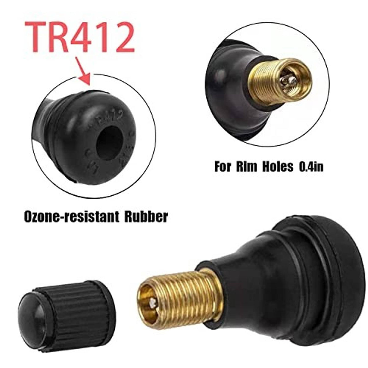 Black tire valve stem with gold threads and rubber body for rim holes about 0.4 in