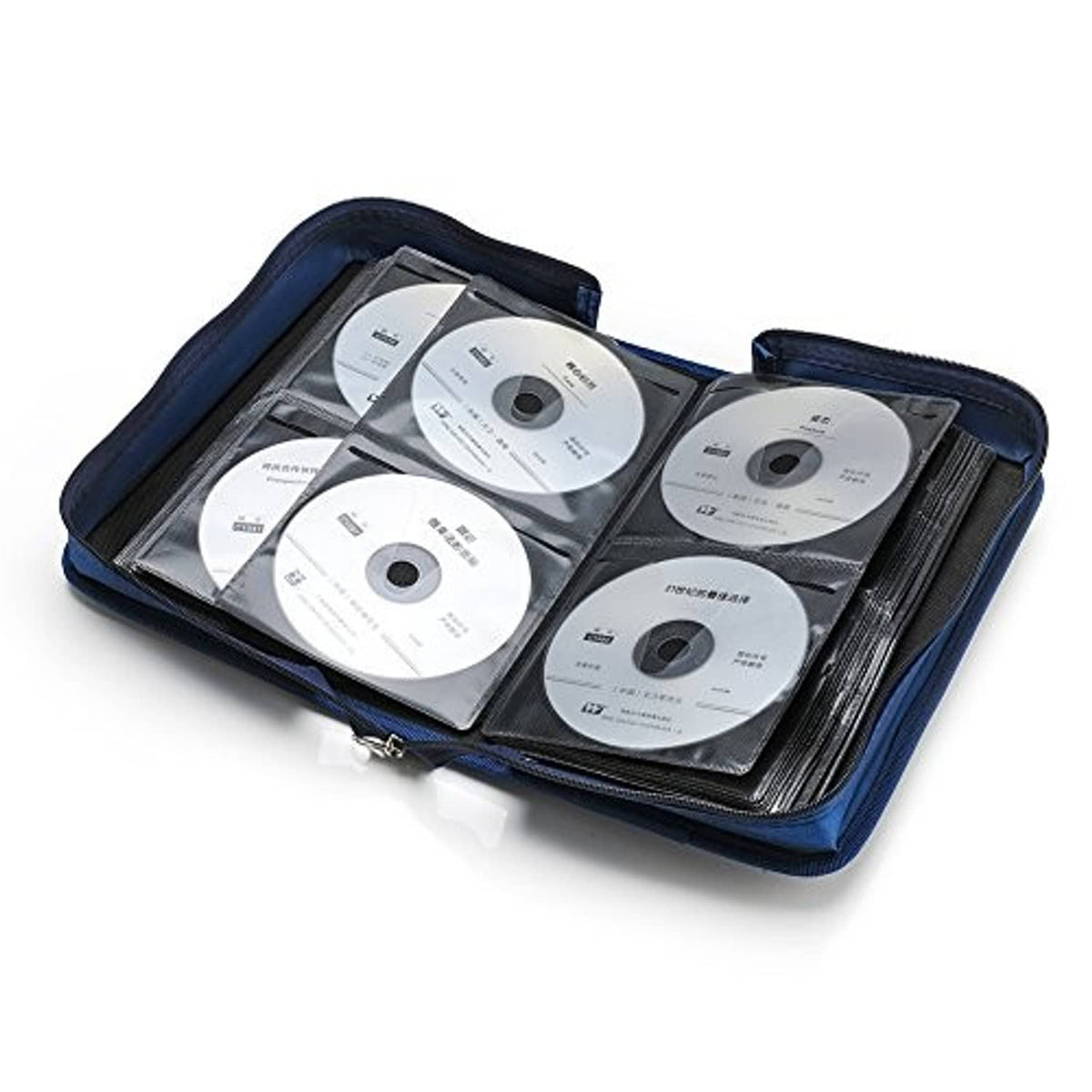 Blue zippered DVD/CD storage case open with disc slots and inserted discs