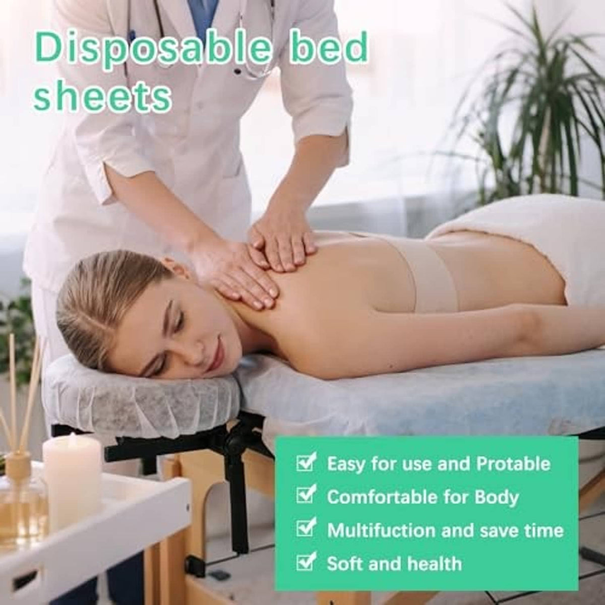 Disposable bed sheets, non-woven white, used during massage on a table