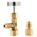 Brass puncture-style refrigerant can tap valve with hex nut and threaded outlets