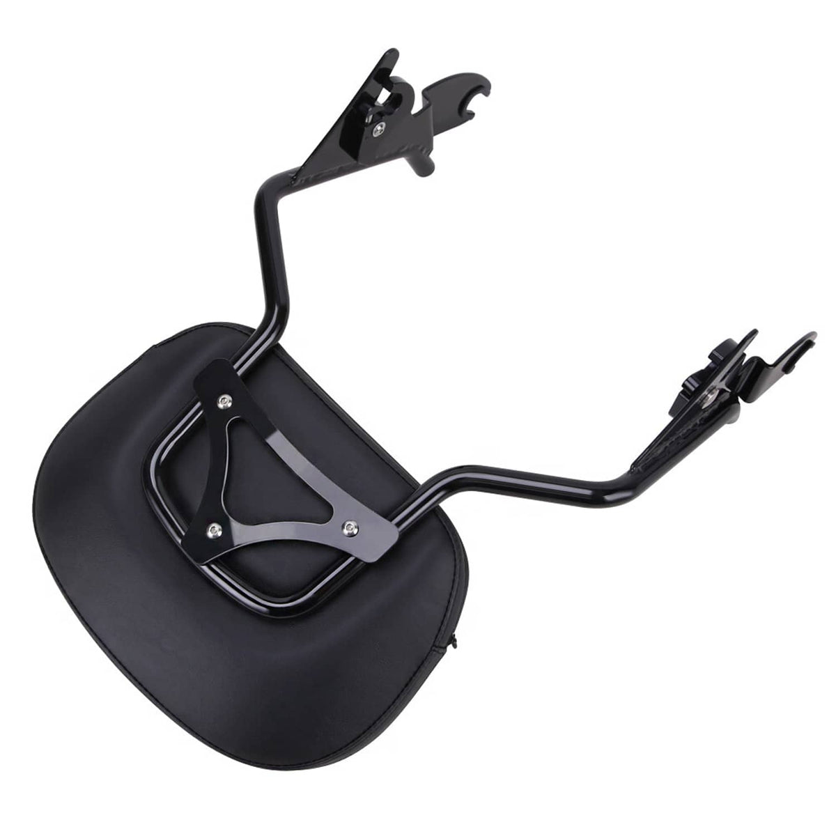 Motorcycle backrest pad with black sissy bar frame and top rack support