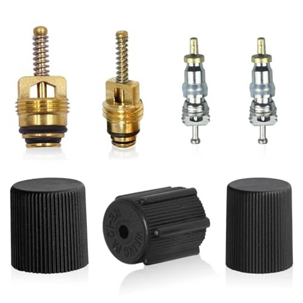 HVAC valve core and cap kit: brass and silver cores with two black protective caps