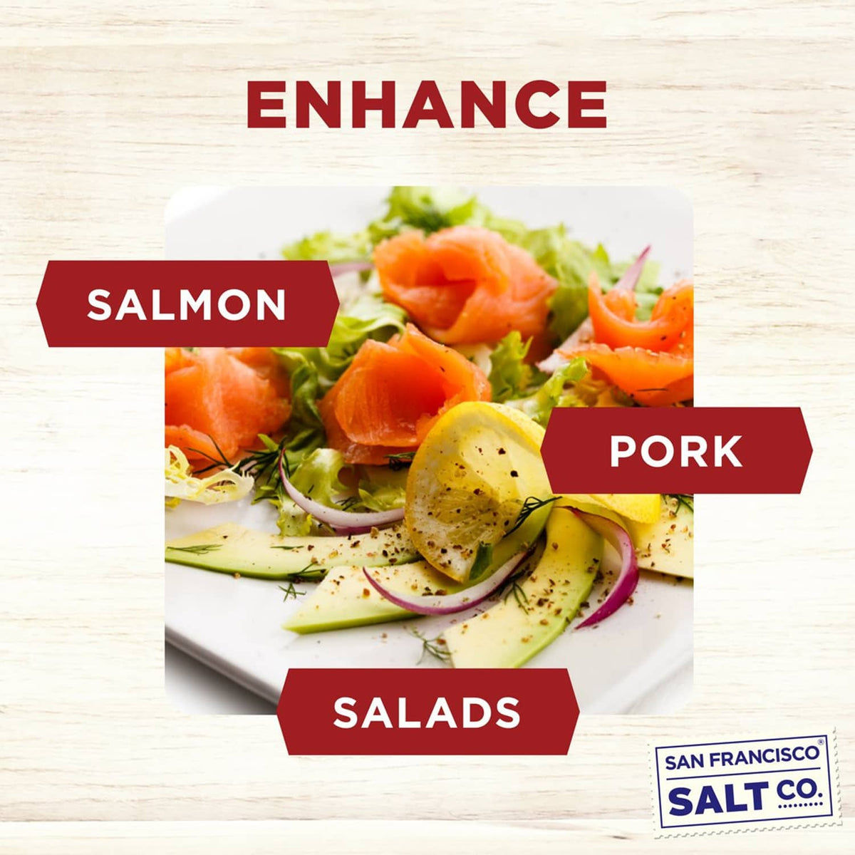 Cherrywood smoked sea salt fine grain seasoning shown with salmon, pork, and salads