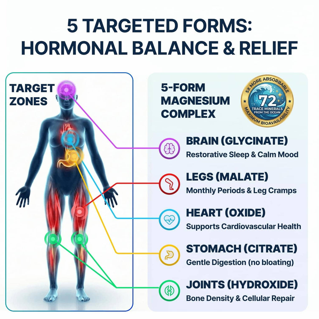 Magnesium complex 5 targeted forms infographic with body diagram and colored markers