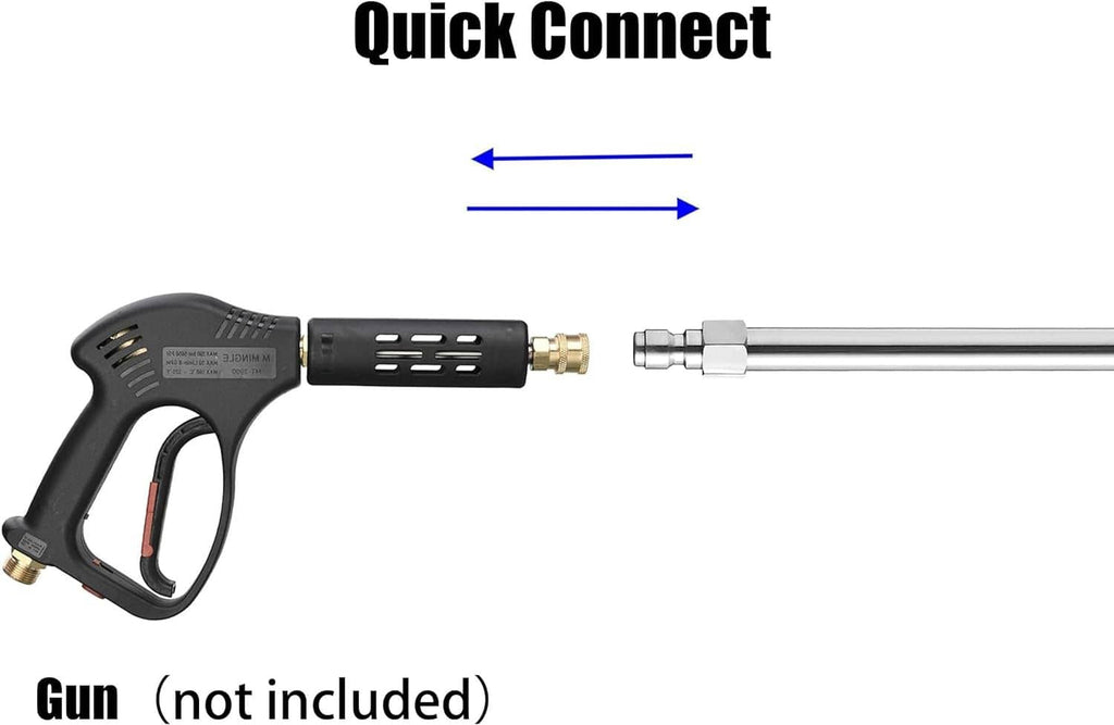 Pressure washer extension wand with quick-connect end, beside spray gun (not included)