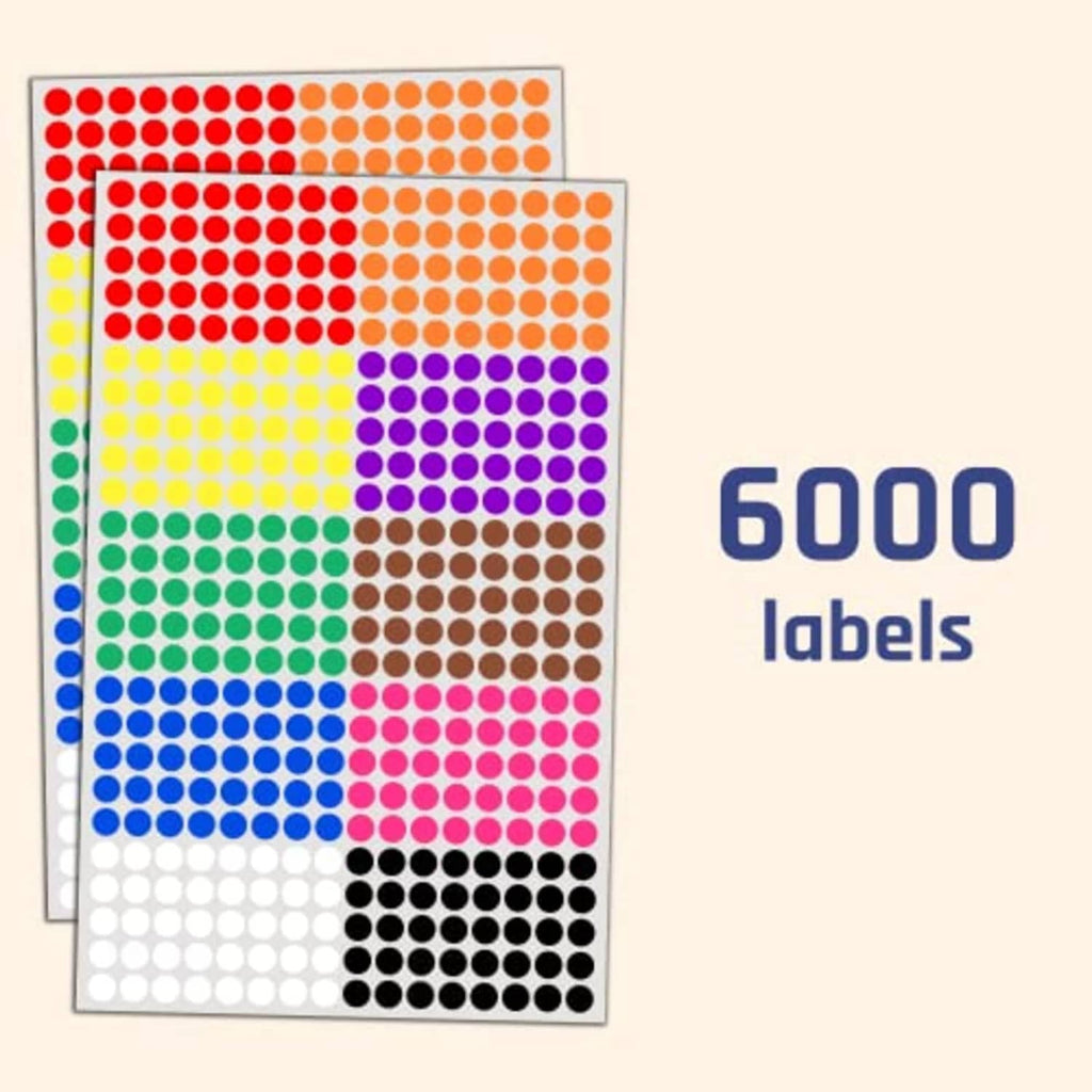 Bulk set of colorful dot stickers, 6000 self-adhesive round labels on sheets