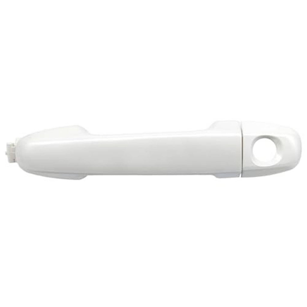 White front left exterior door handle, streamlined shape with round keyhole opening