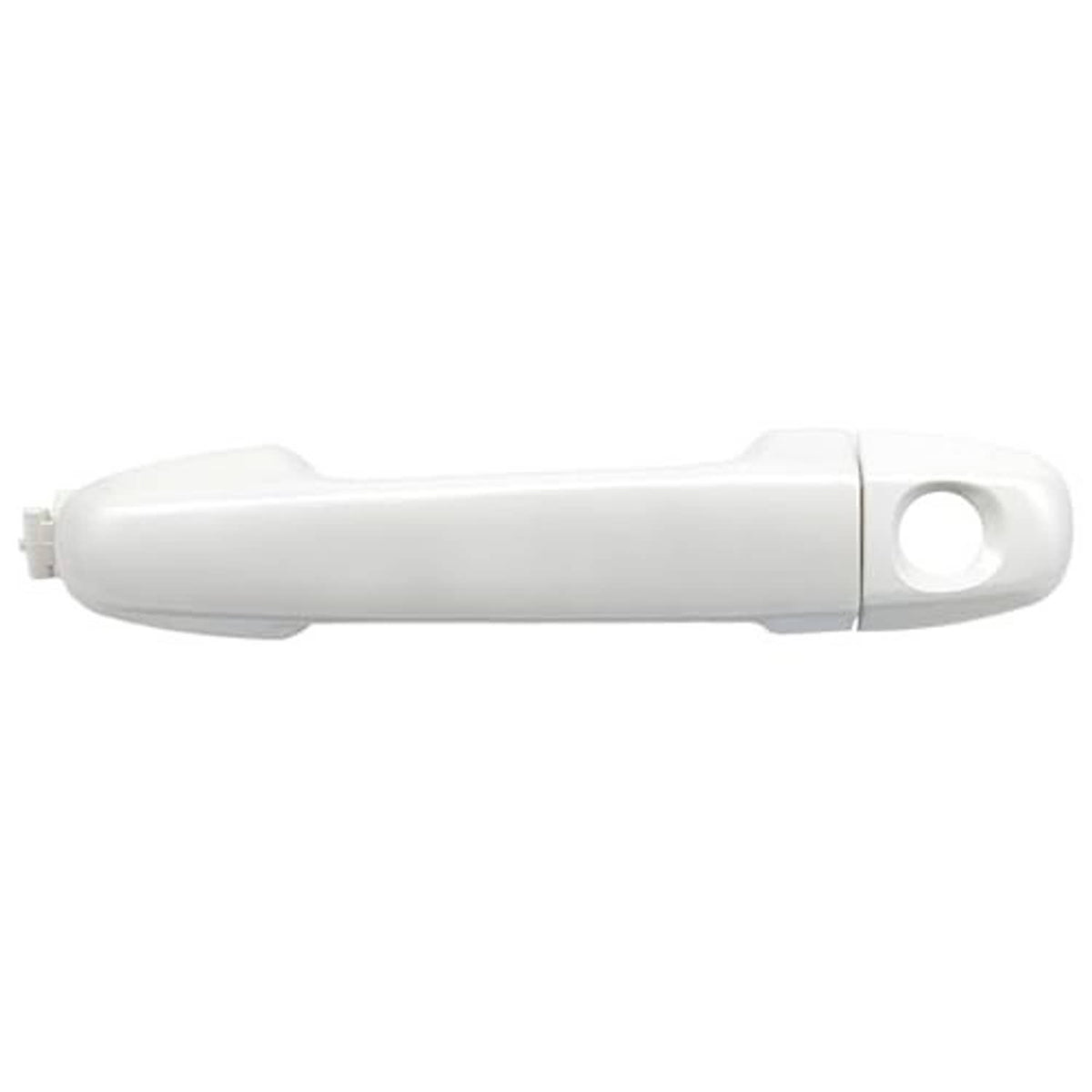 White front left exterior door handle, streamlined shape with round keyhole opening