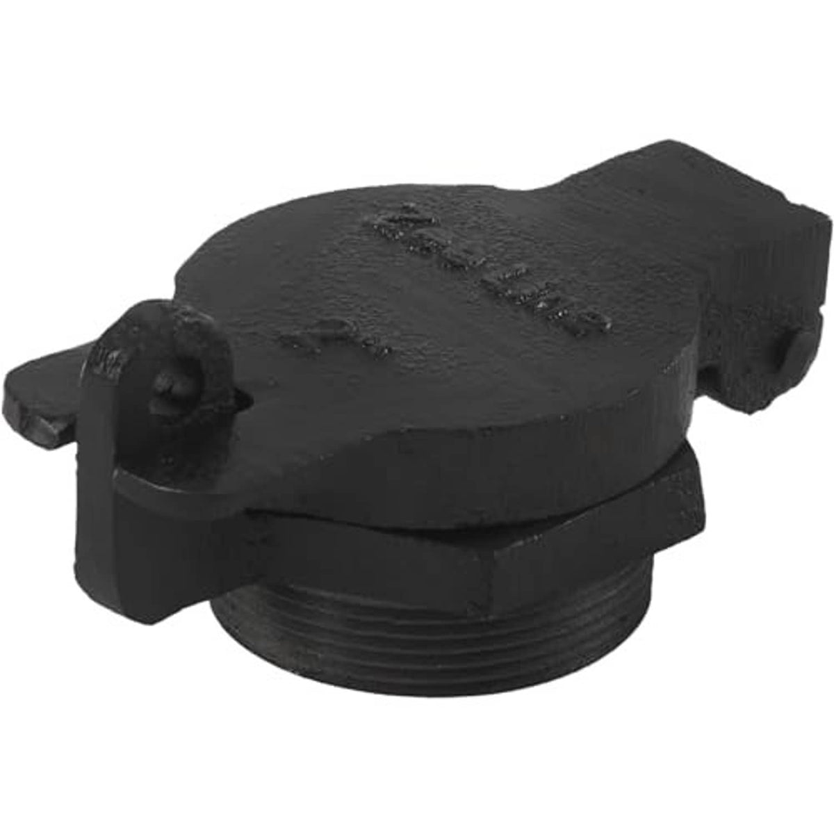 Black flip-top vented locking fill cap showing threaded threads and hinged latch